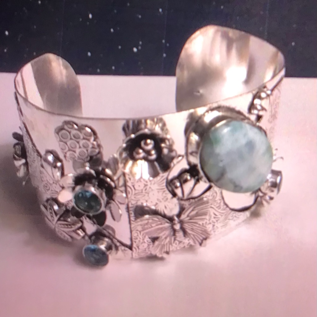 Larimar Stamped 925 Sterling Silver Cuff Bracelet